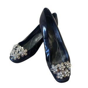 Kate Spade Ballerina Flats Womens 6.5 Black Block Heel Embellished Rhinestone